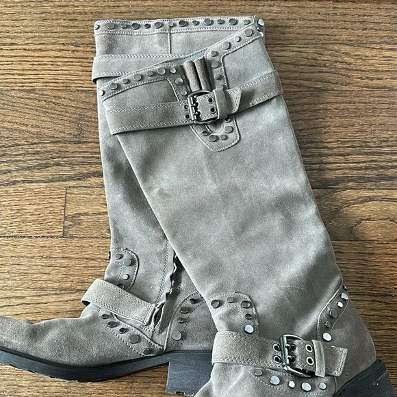 Sam Edelman Deryn Extra Rugged Distressed Discolored Studded Moto Suede Boots - Picture 6 of 17